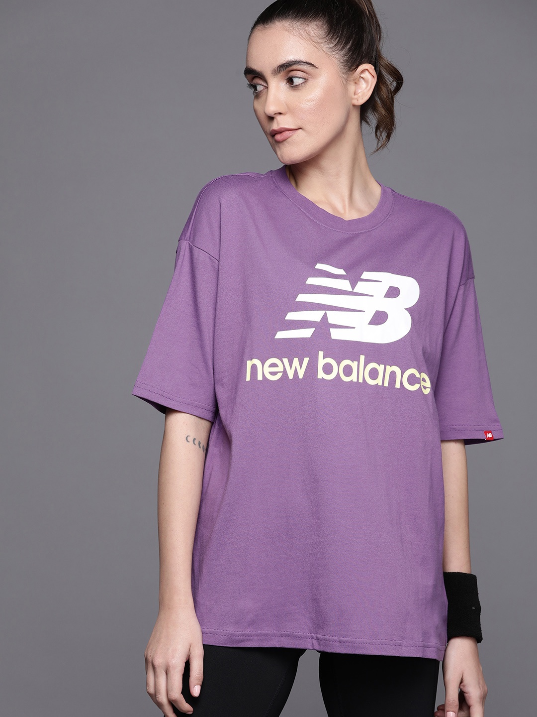 

New Balance Women Brand Logo Printed Pure Cotton T-shirt, Purple