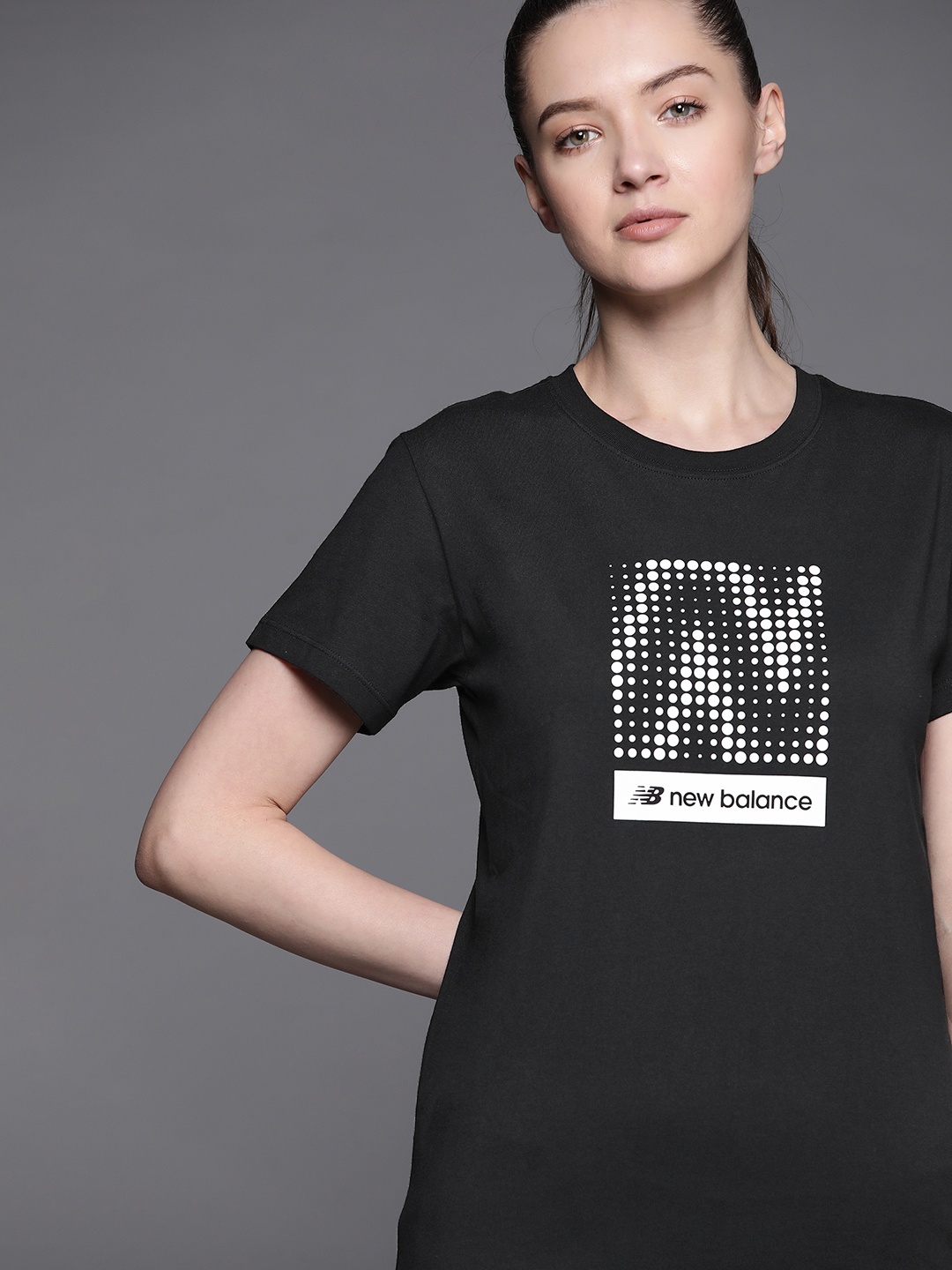 

New Balance Women Black & White Pure Cotton Brand Logo Printed T-shirt
