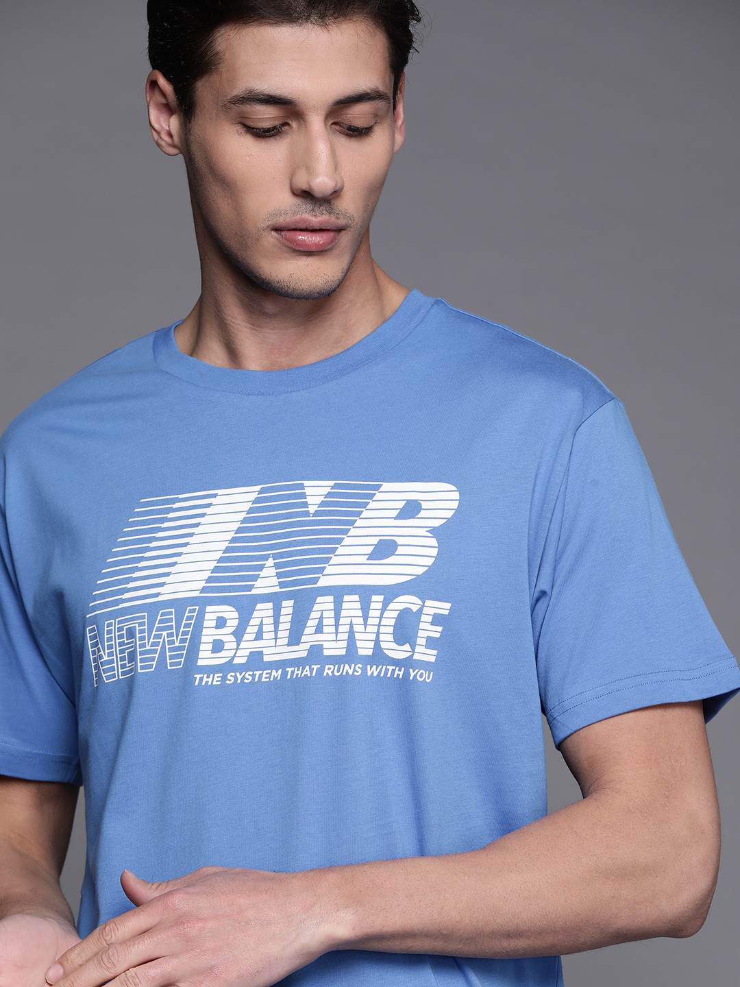 

New Balance Men Blue & White Pure Cotton Brand Logo Printed T-shirt