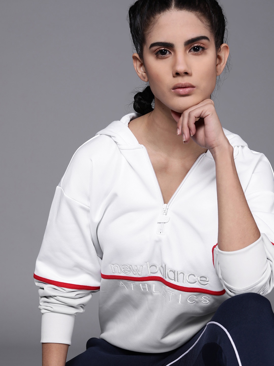 

New Balance Women White Brand Logo Embroidered Hooded Sweatshirt