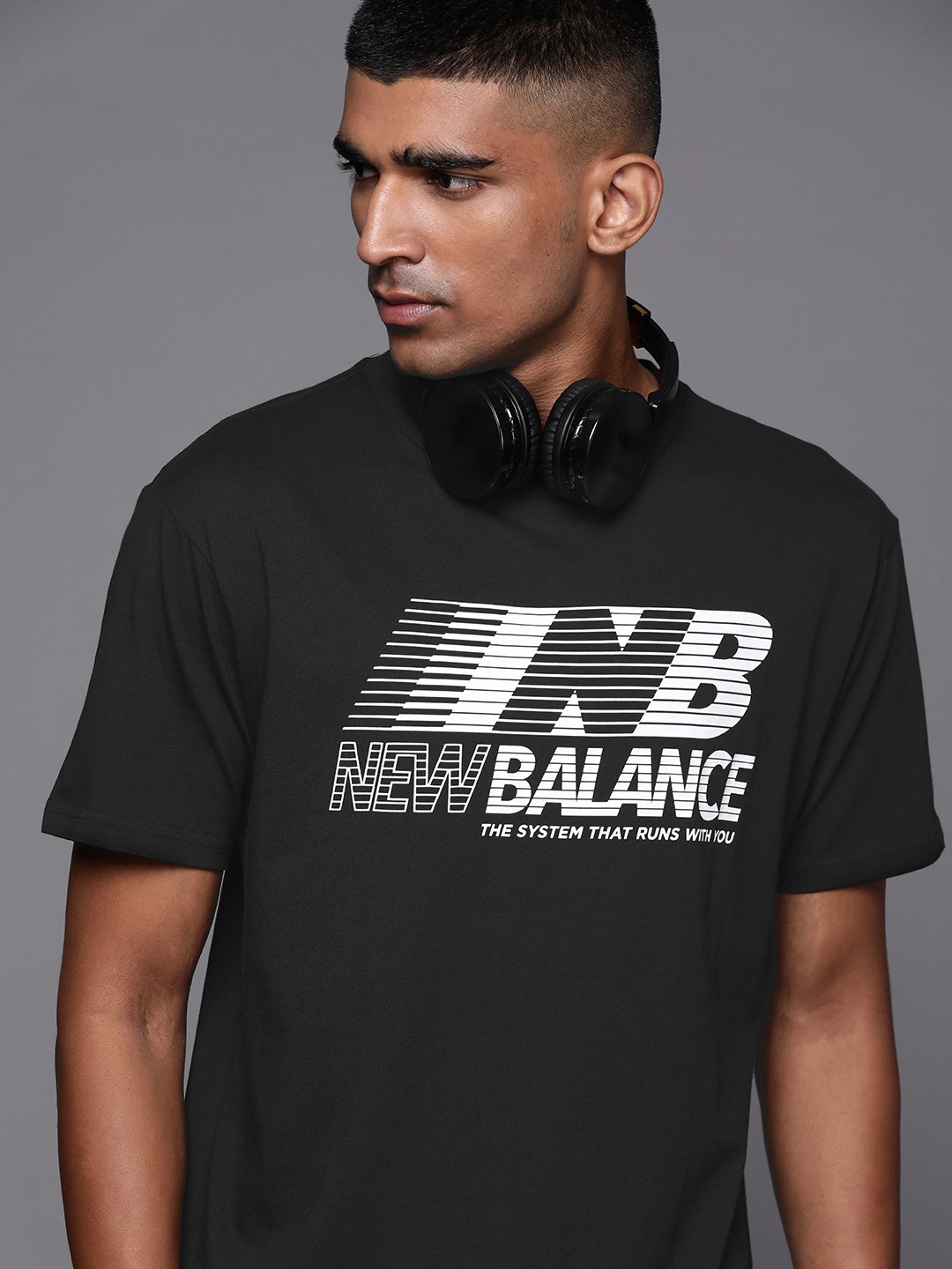 

New Balance Men Black & White Brand Logo Printed Pure Cotton T-shirt