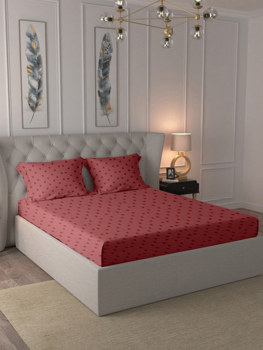 

BLUE DAHLIA Maroon 300 TC Geometric Printed Queen Bedsheet with 2 Pillow Cover
