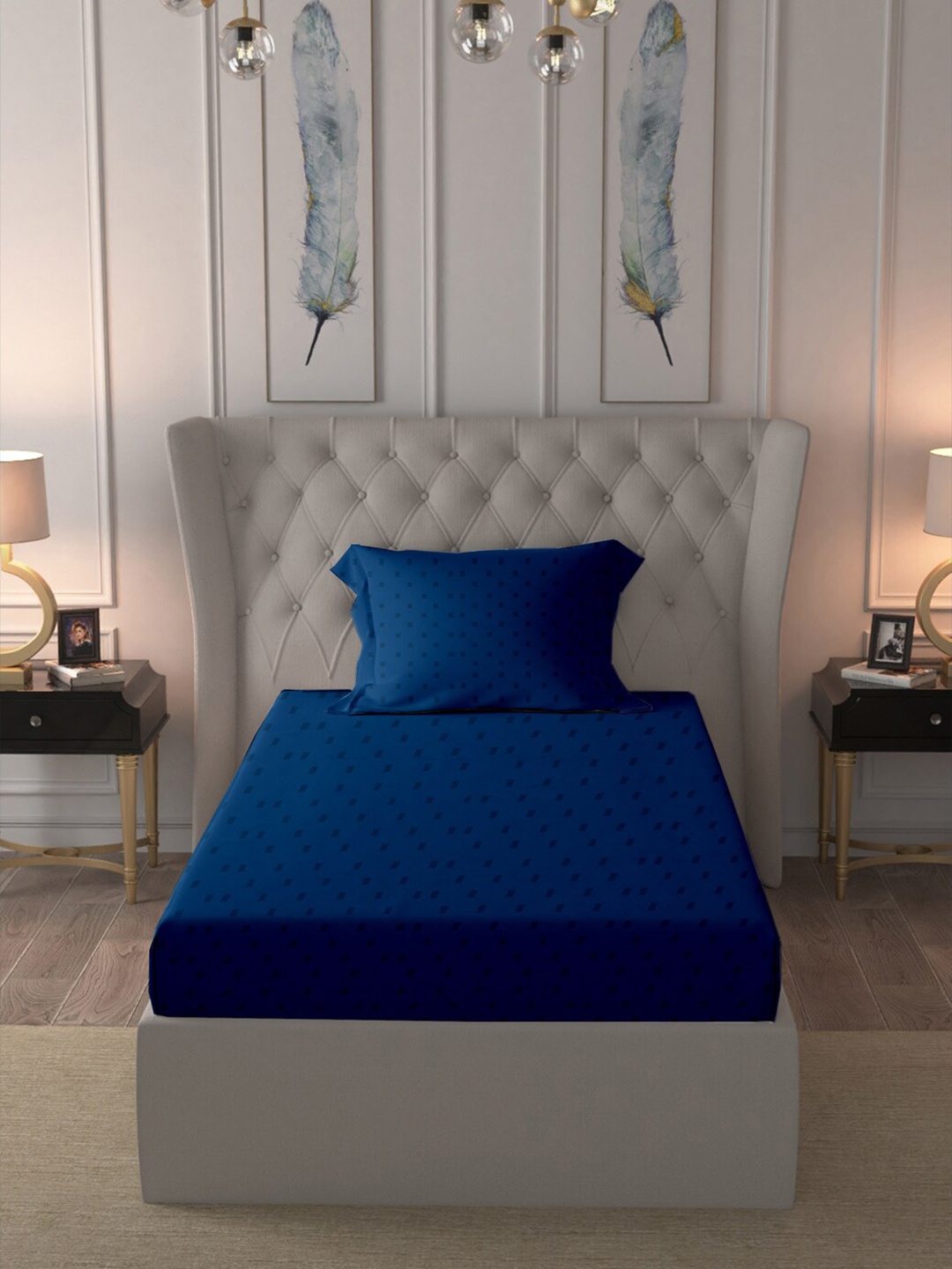 

BLUE DAHLIA Blue Geometric 300 TC Single Bedsheet with 1 Pillow Covers