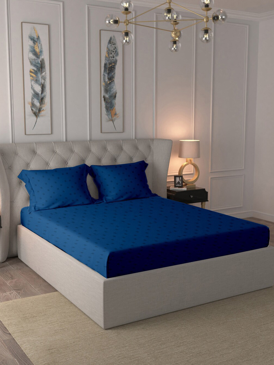 

BLUE DAHLIA Blue Geometric 300 TC Queen Bedsheet with 2 Pillow Covers
