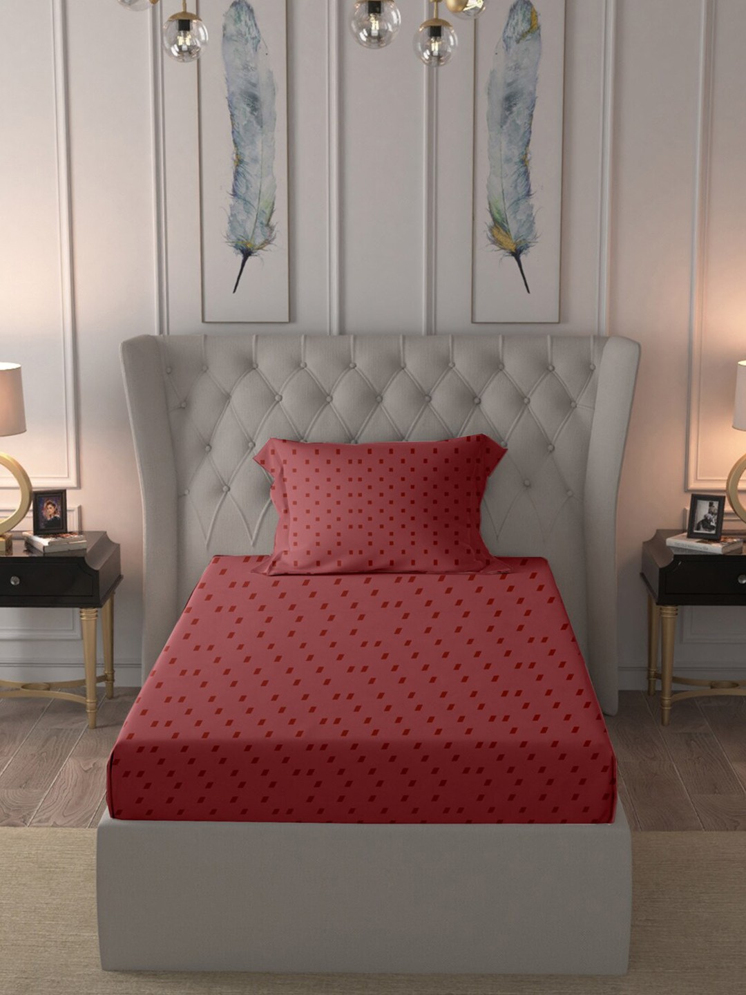 

BLUE DAHLIA Maroon Geometric 300 TC Single Bedsheet with 1 Pillow Covers