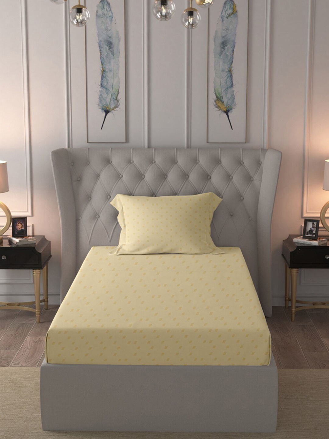 

BLUE DAHLIA Yellow Geometric 300 TC Single Bedsheet with 1 Pillow Covers