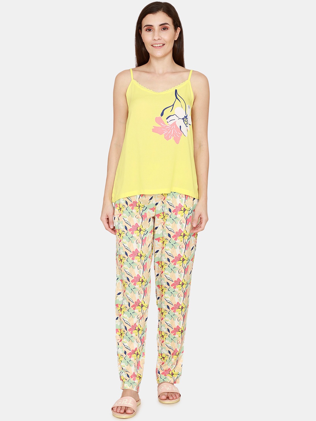 

Zivame Women Yellow & Pink Printed Night suit
