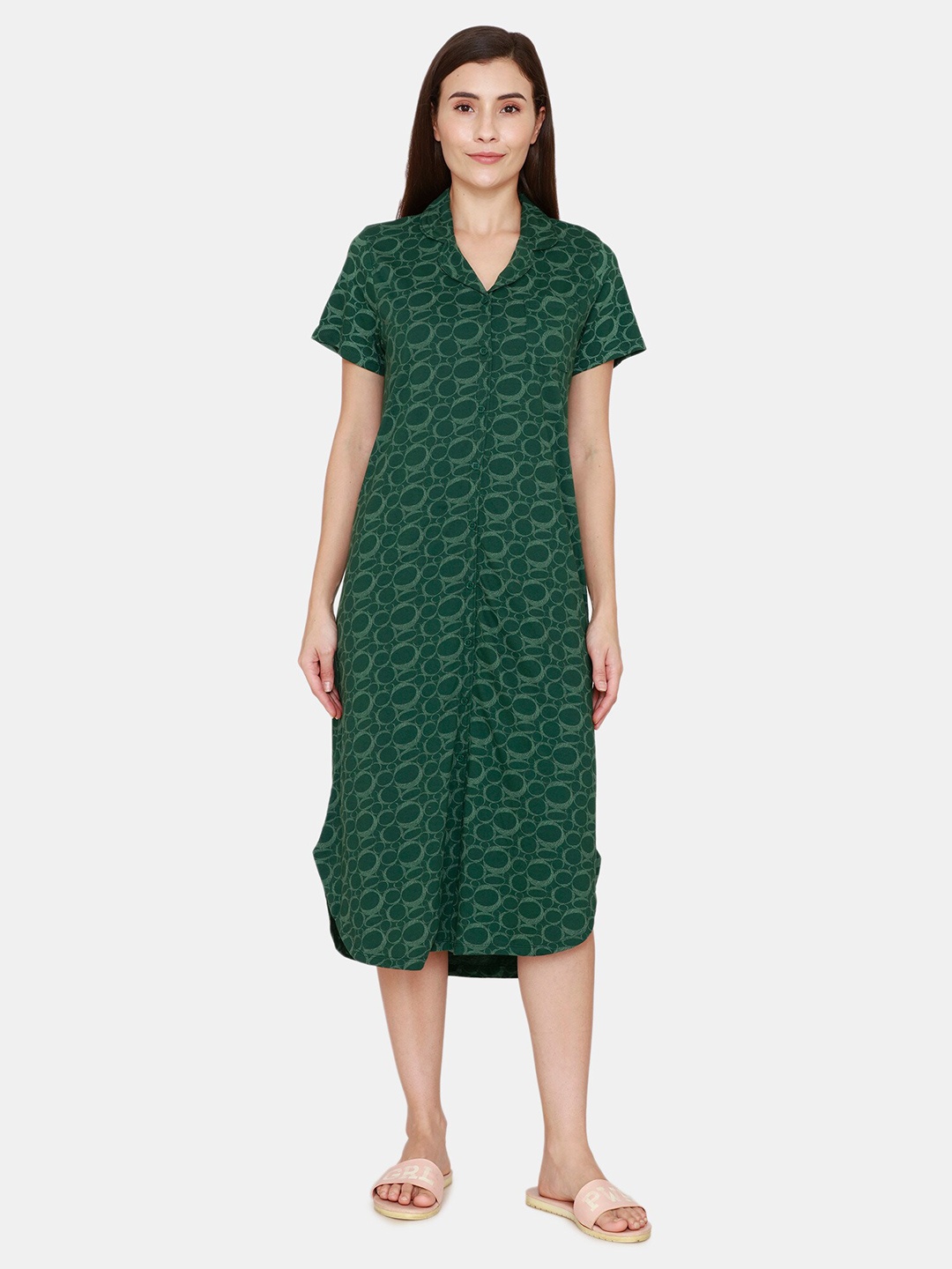 

Zivame Green Printed Pure Cotton Nightdress