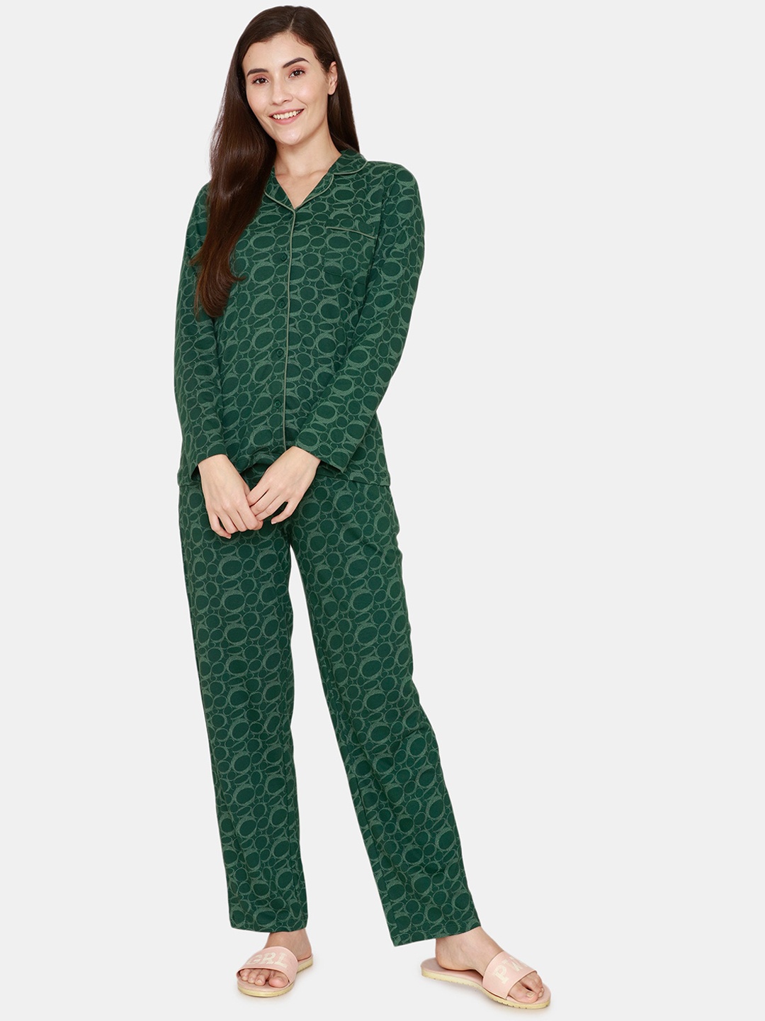 

Zivame Women Green Printed Pure Cotton Night suit