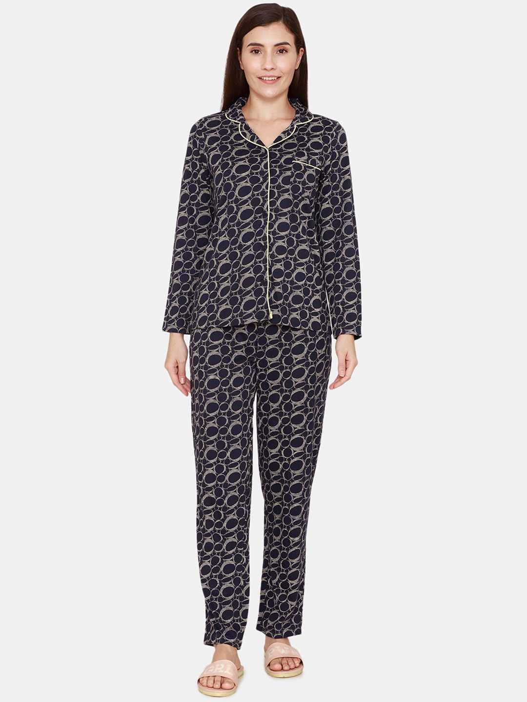 

Zivame Women Navy Blue & Beige Printed Night suit