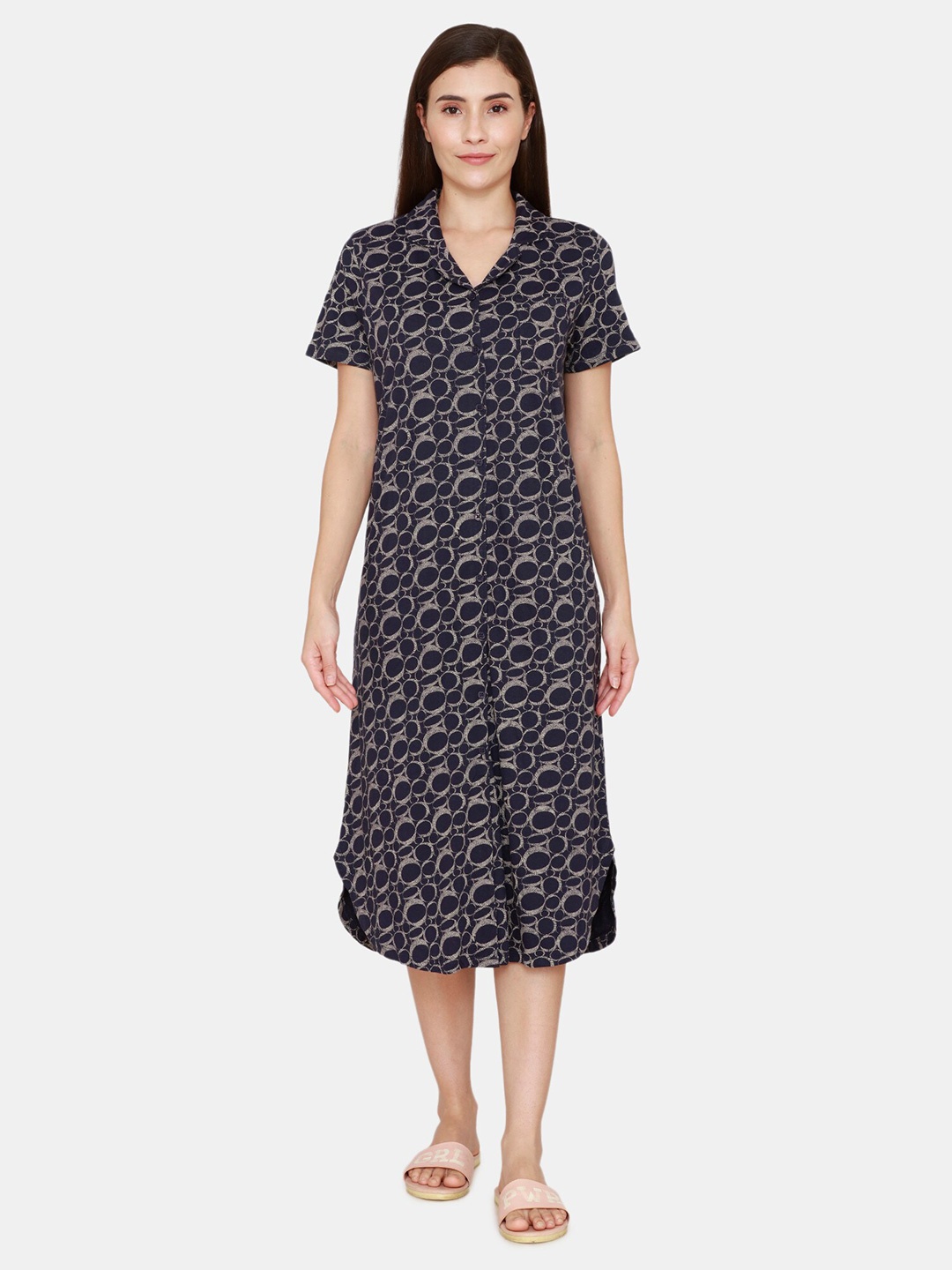 

Zivame Navy Blue Printed Midi Nightdress