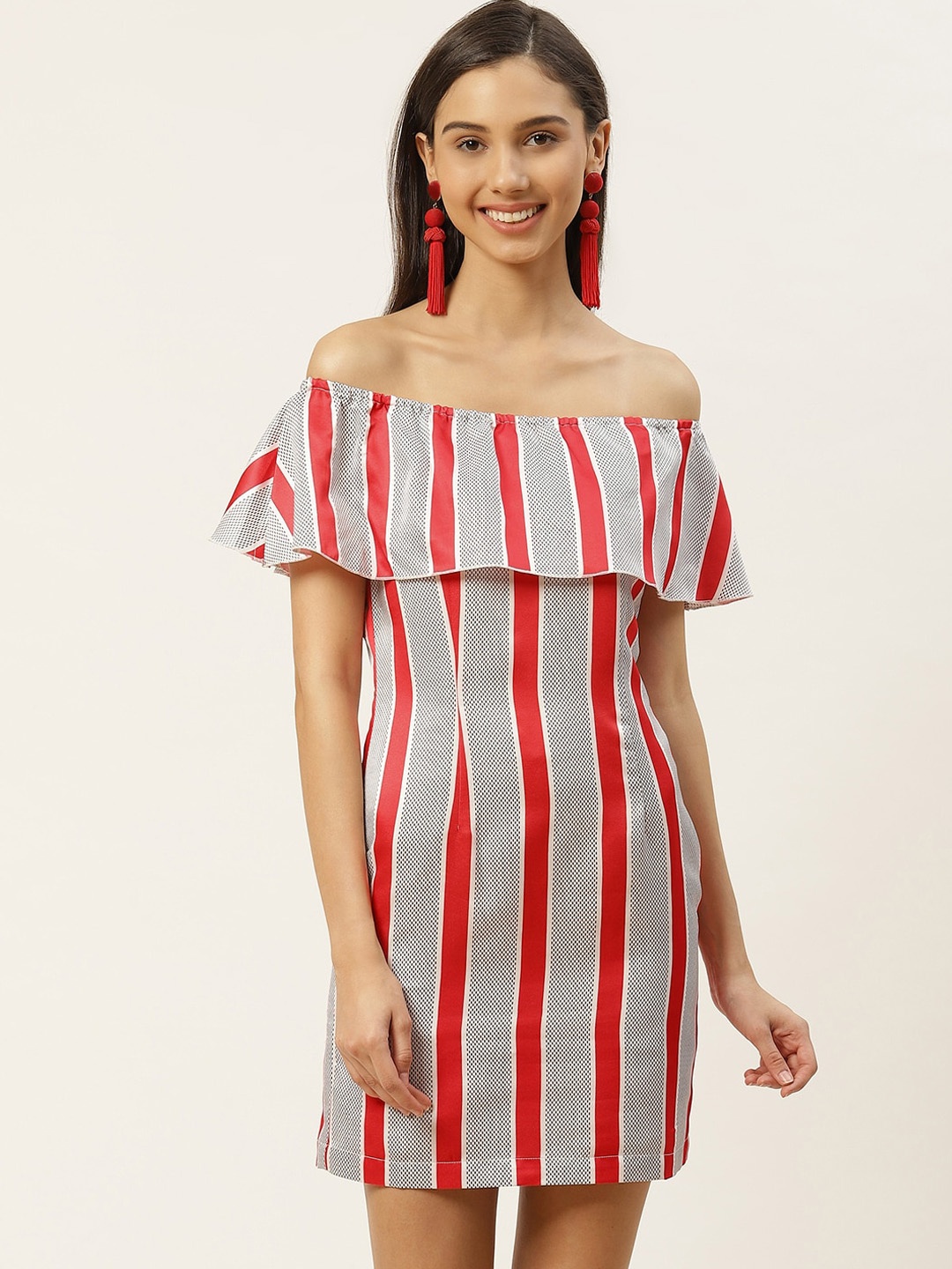 

DODO & MOA Red Striped Off-Shoulder Crepe Sheath Dress