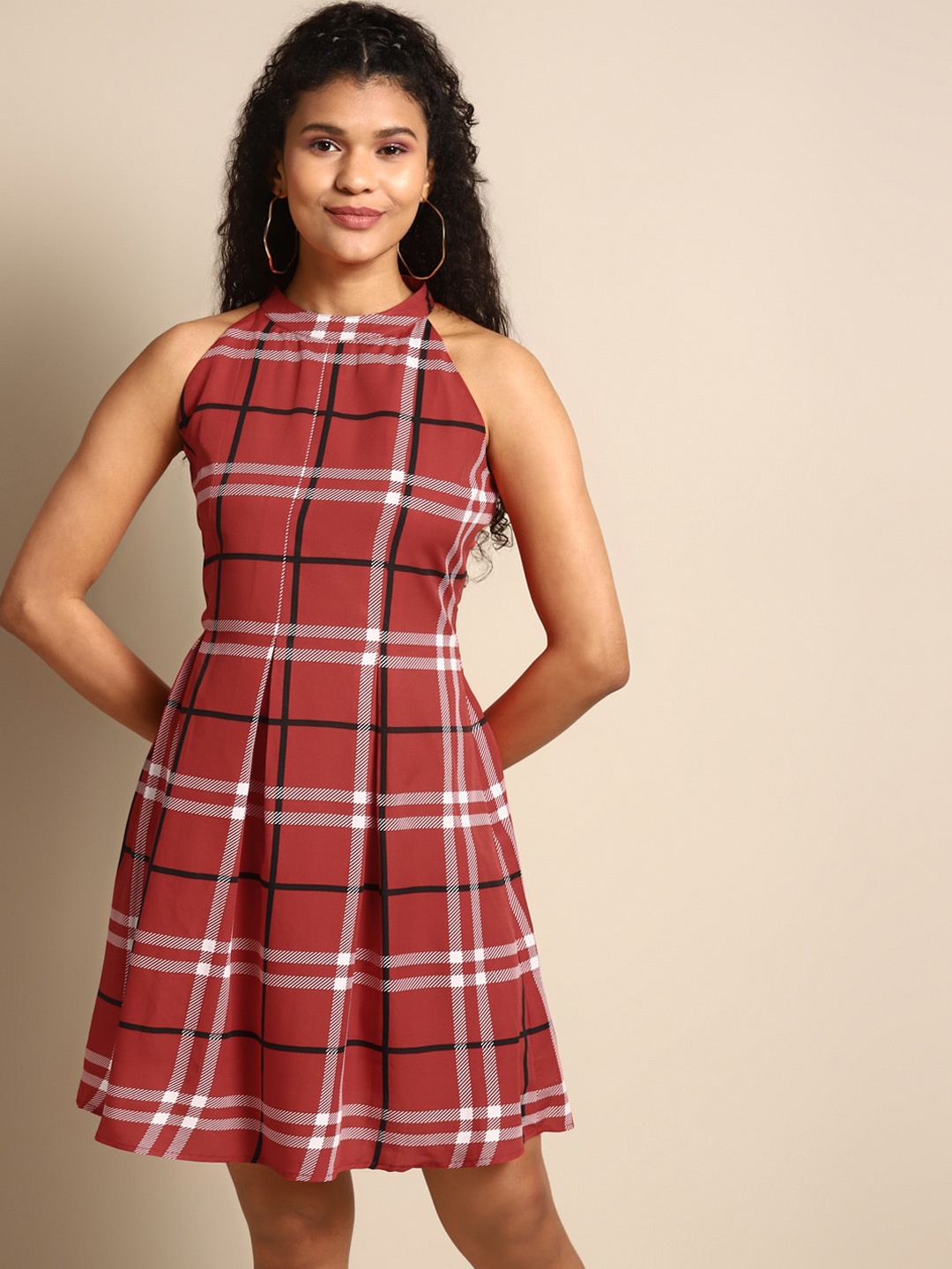 

DODO & MOA Women Red & Black Checked High neck Fit & Flare Dress