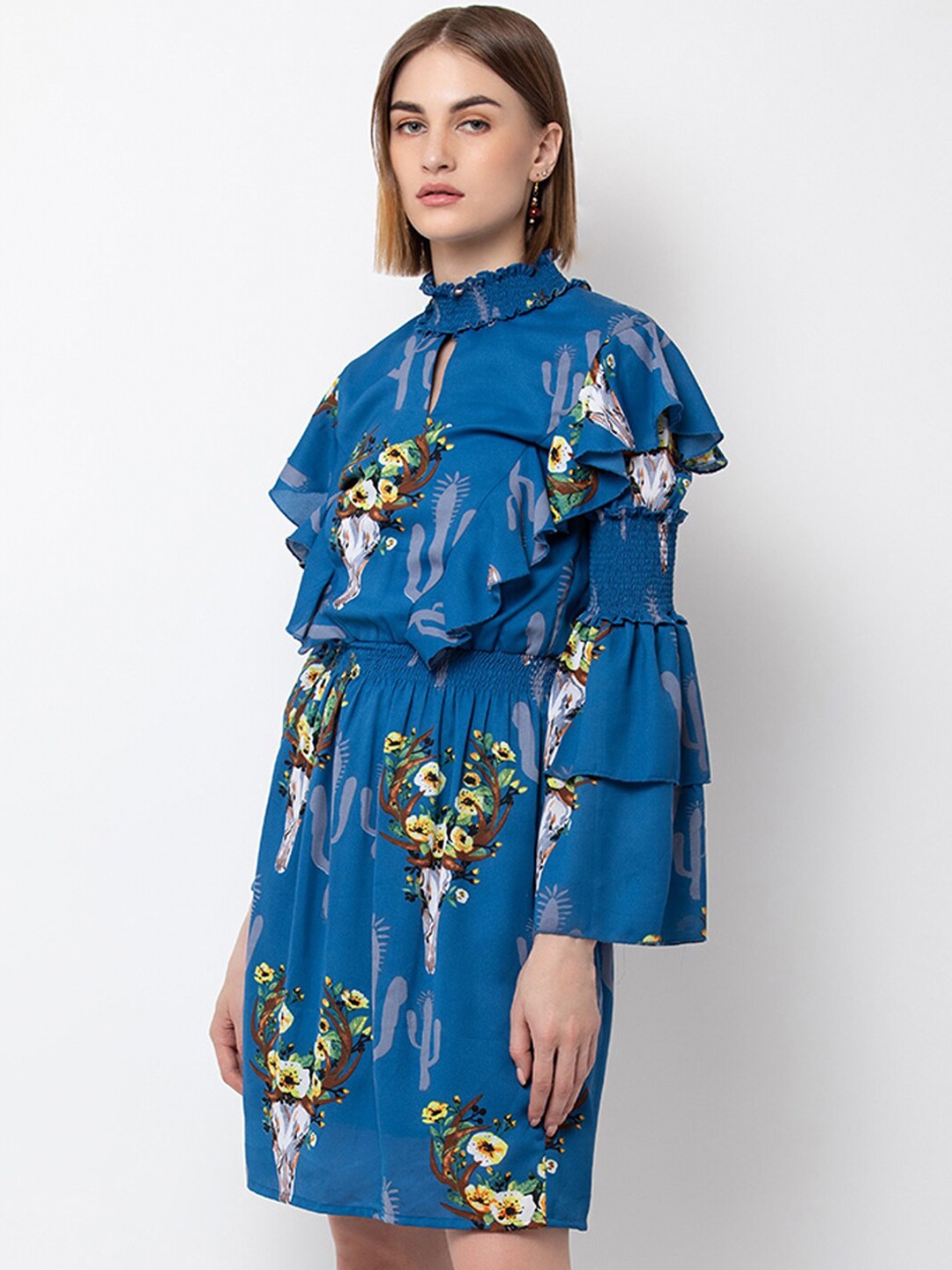 

DODO & MOA Women Blue & Grey Floral Keyhole Neck Fit & Flare Dress