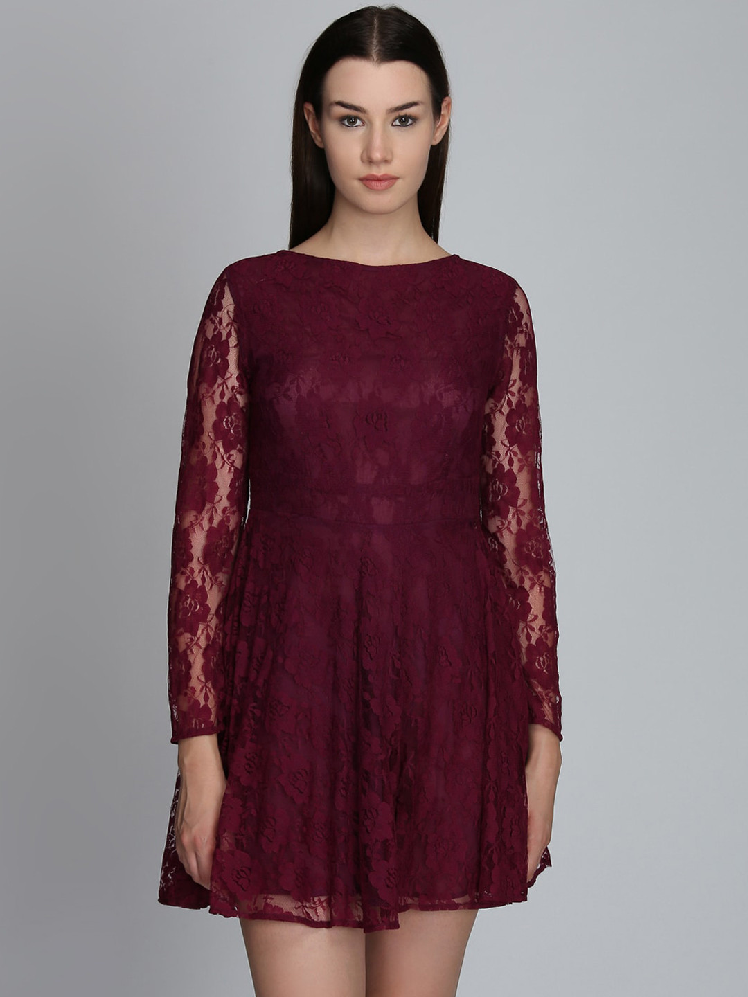 

DODO & MOA Women Burgundy Self Design Boat Neck Fit & Flare Dress