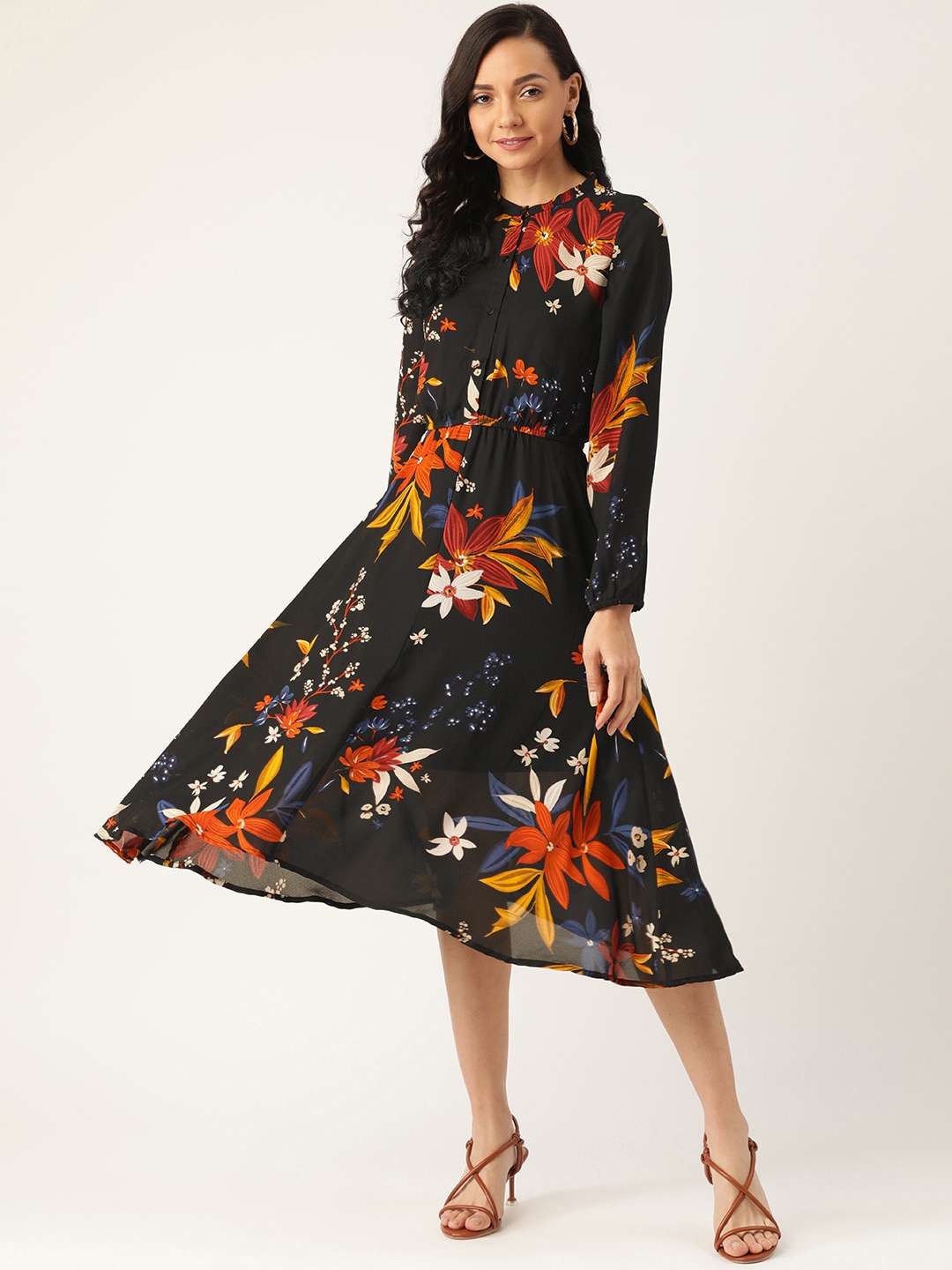 

DODO & MOA Women Multicoloured Floral High Neck Midi Dress, Multi