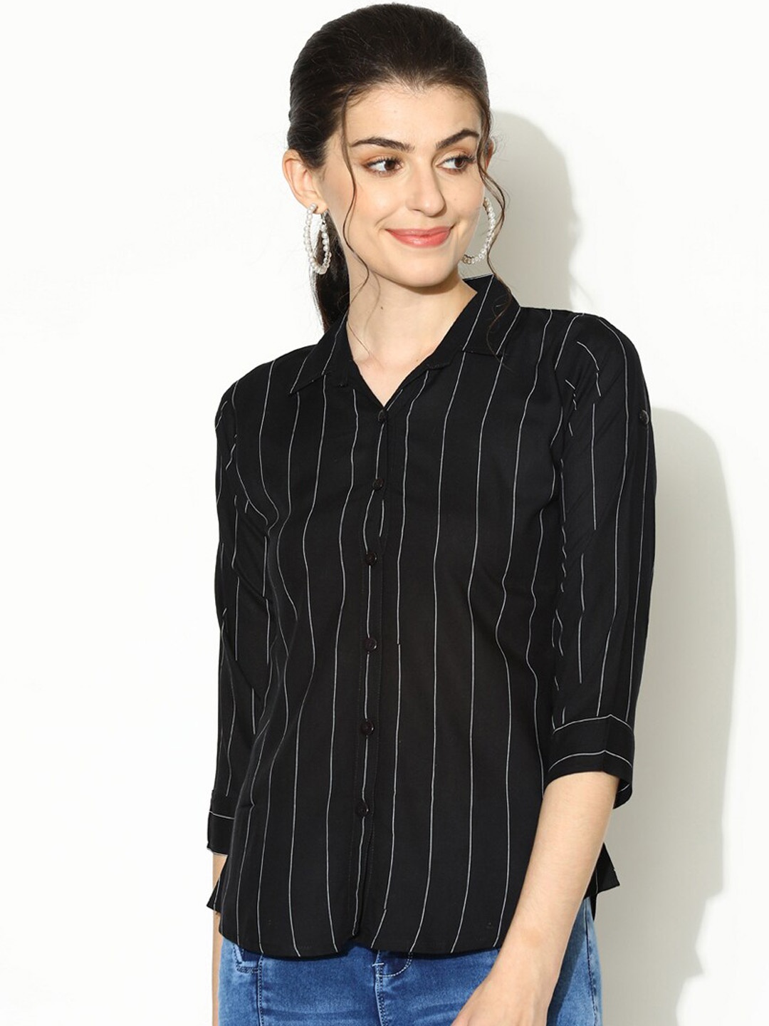 

V2 Value & Variety Women Black Opaque Striped Casual Shirt