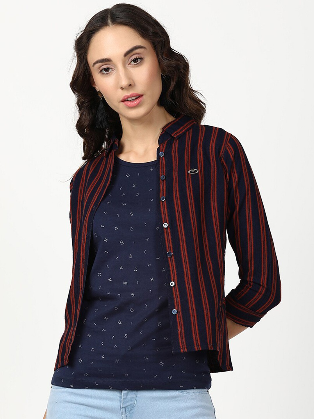 

V2 Value & Variety Women Rust Striped Casual Shirt