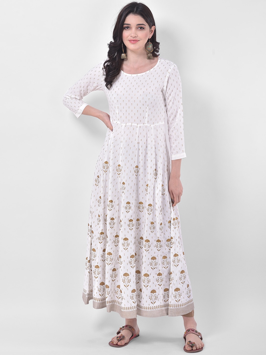 

Span Women White & Gold-Toned Ethnic Motifs PrintedAnarkali Kurta