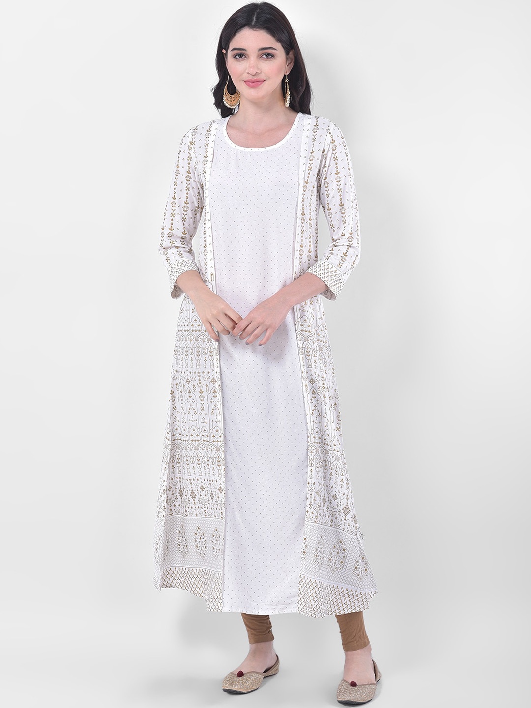 

Span Women White & Gold-Toned Ethnic Motifs A-lineKurta