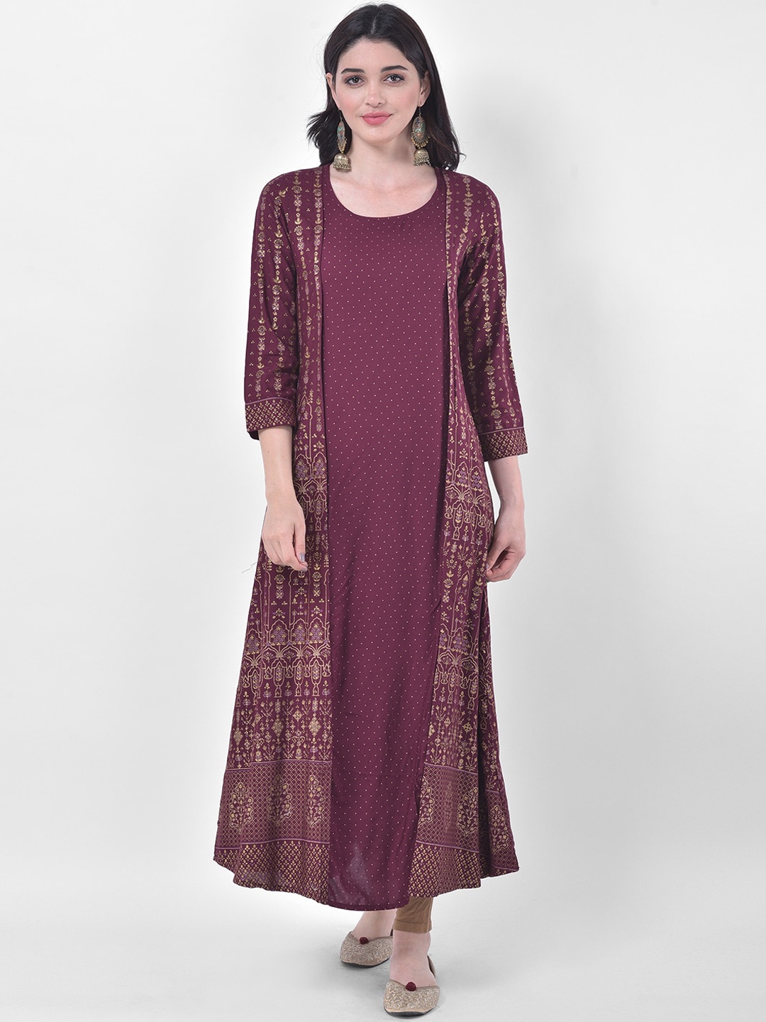 

Span Women Burgundy & Gold-Toned Ethnic Motifs Printed Anarkali Kurta