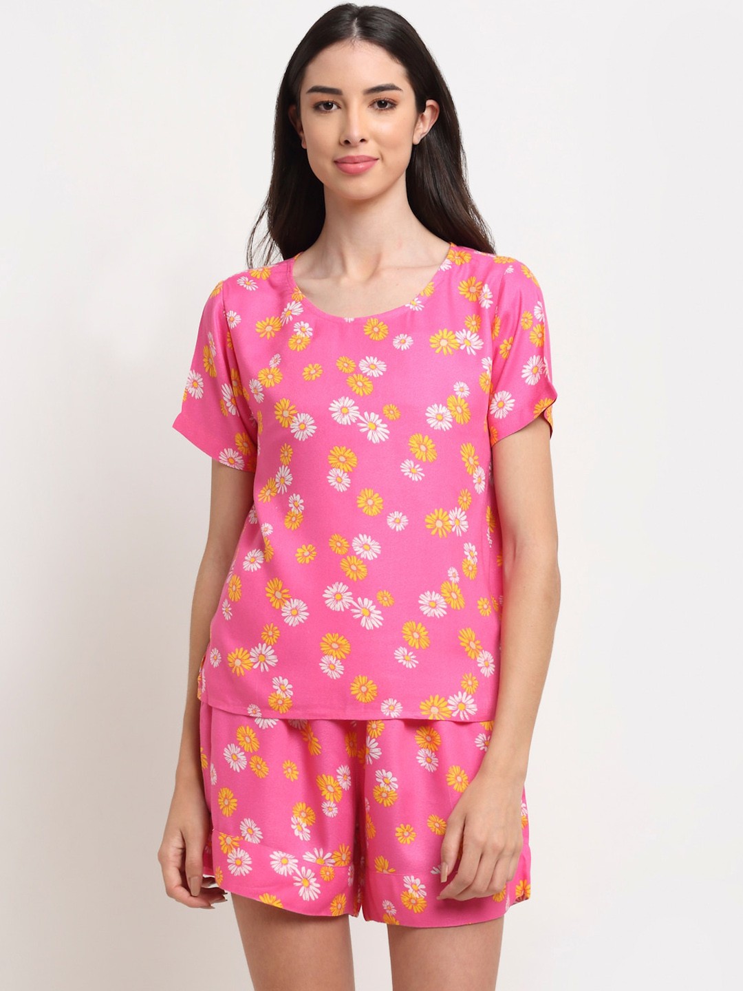 

EROTISSCH Women Pink & Yellow Floral Printed 2 Pc Night Suit