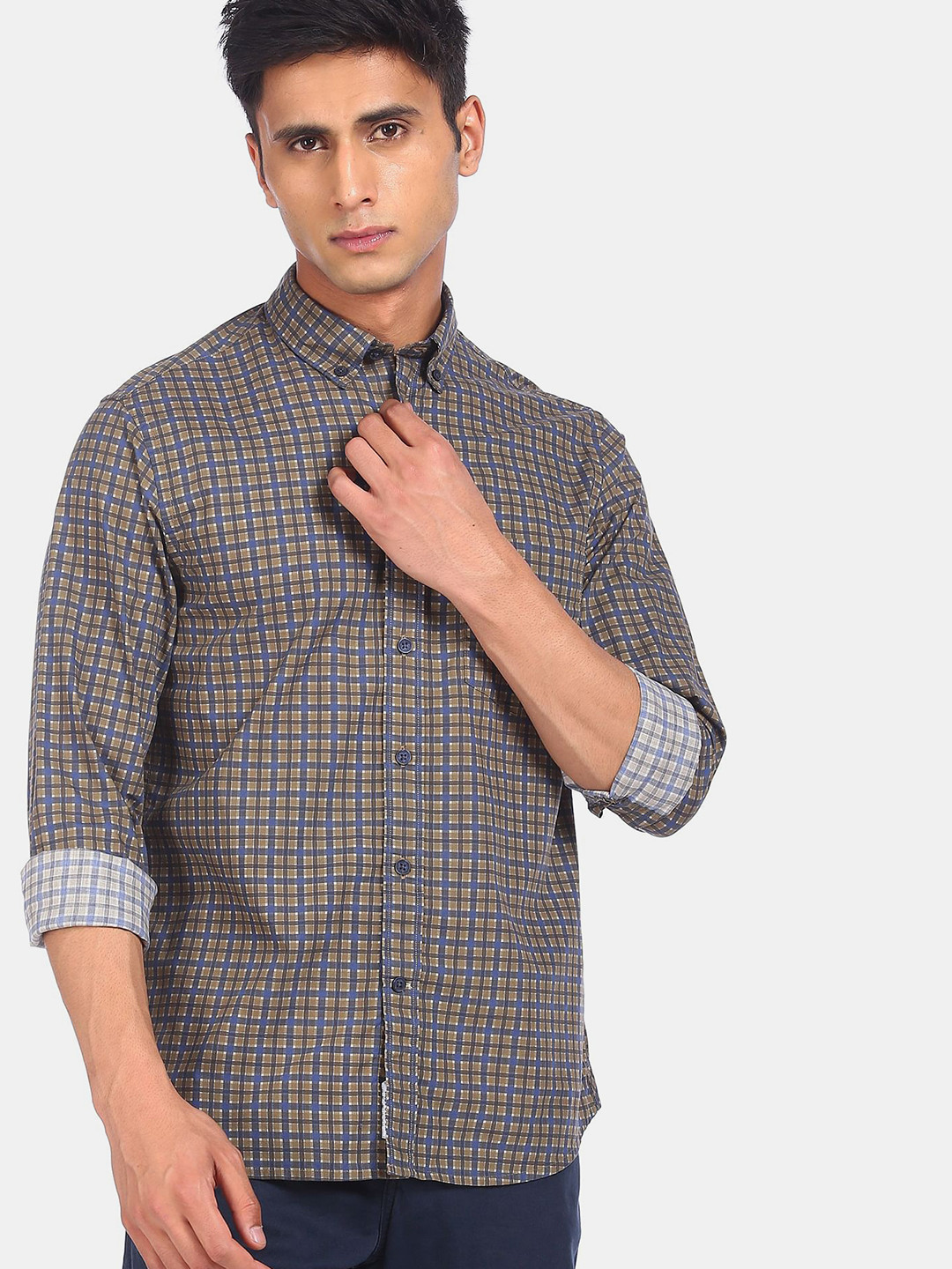 

U S Polo Assn Men Brown Opaque Checked Cotton Casual Shirt