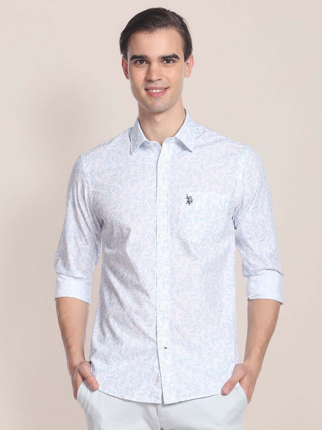 

U S Polo Assn Men Blue Floral Opaque Printed Cotton Casual Shirt