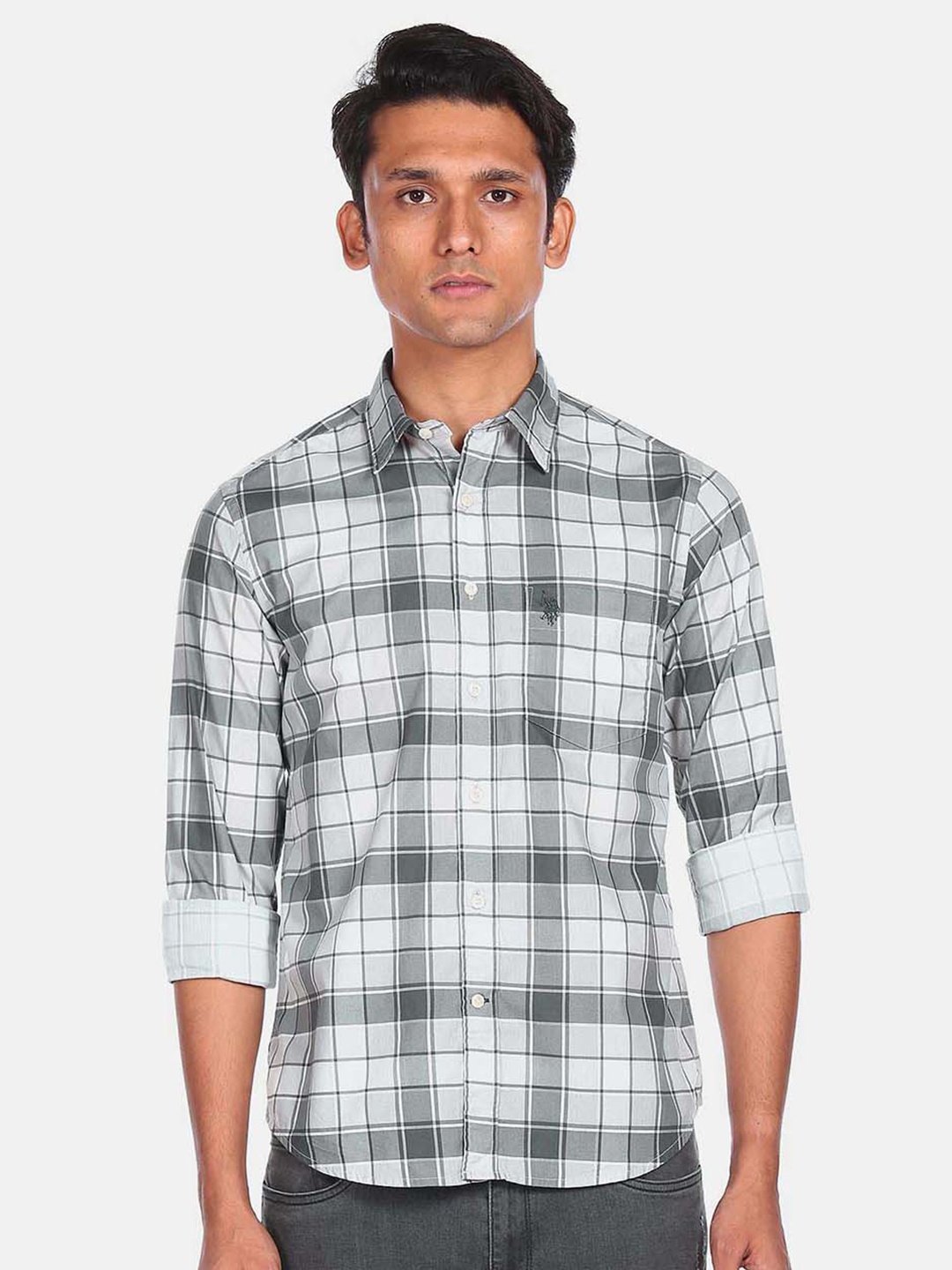 

U S Polo Assn Men Grey Tartan Checks Opaque Cotton Casual Shirt