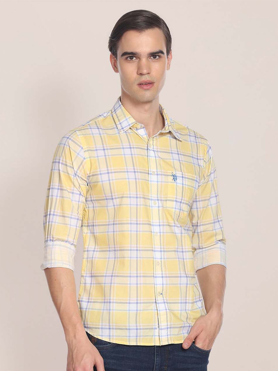 

U S Polo Assn Men Yellow Opaque Checked Cotton Casual Shirt