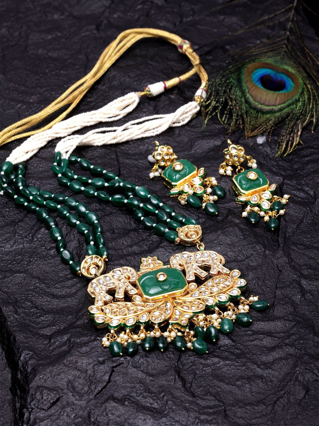 

DUGRISTYLE Gold-Plated White & Green Kundan-Studded Pearl Beaded Handcrafted Jewellery Set