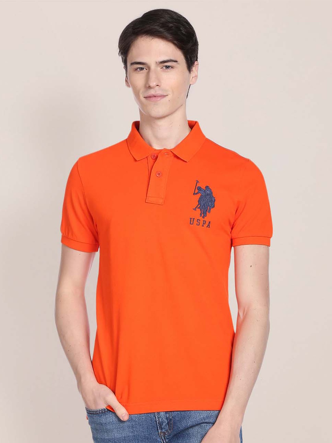 

U.S. Polo Assn. Men Orange & Navy Blue Solid Polo Collar T-shirt
