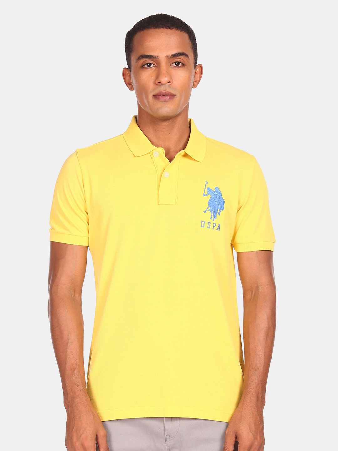 

U.S. Polo Assn. Men Yellow & Grey Solid Polo Collar Cotton T-shirt