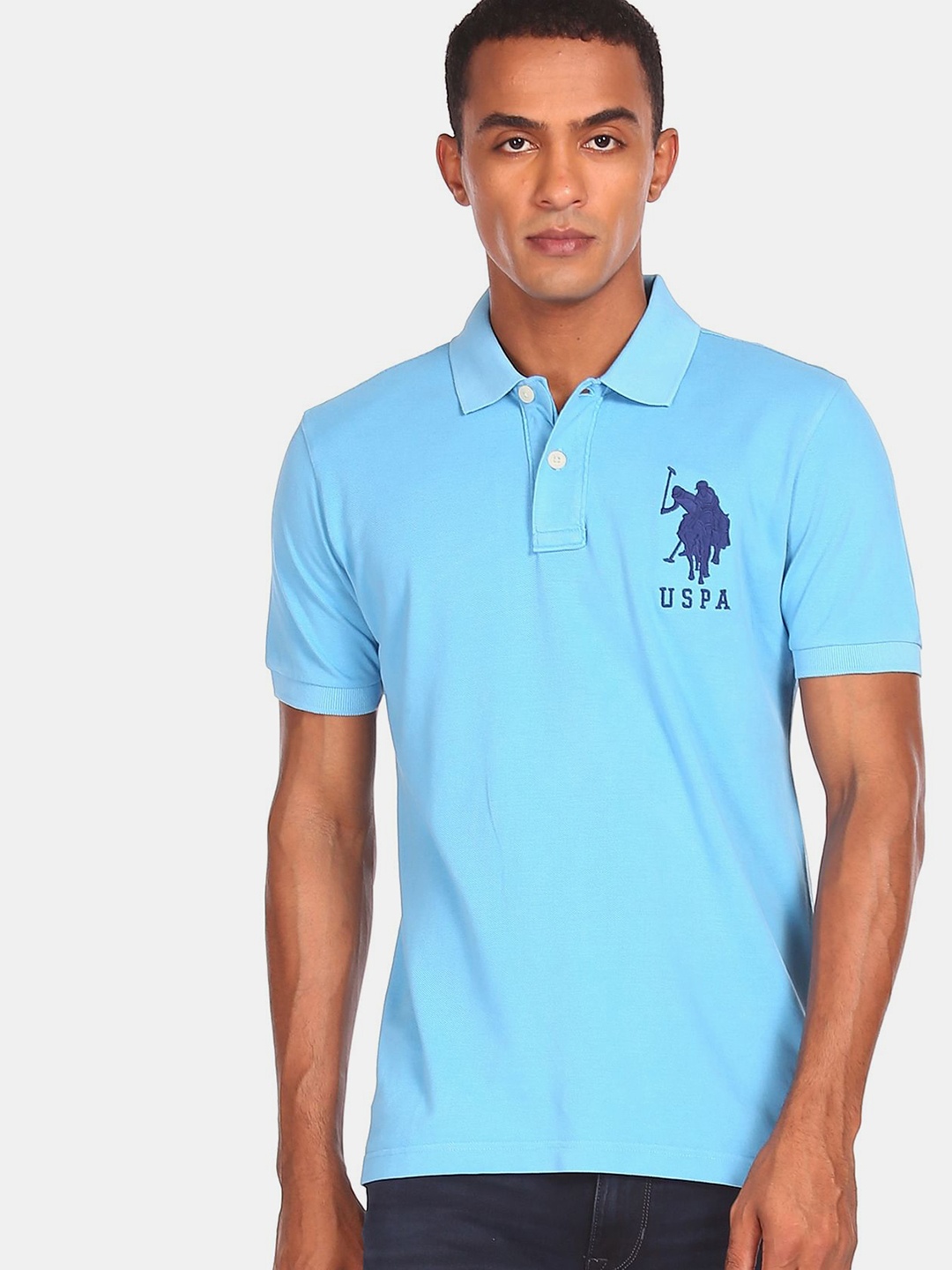 

U.S. Polo Assn. Men Blue Solid Polo Collar T-shirt