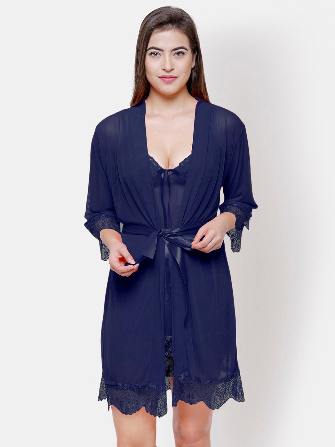 

FashionRack Navy Blue Net Baby Doll With Robe