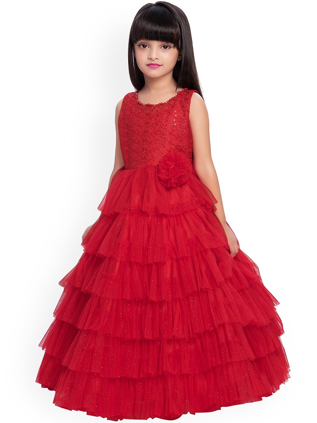 

BETTY Red Floral Embroidered Silk Maxi Gown