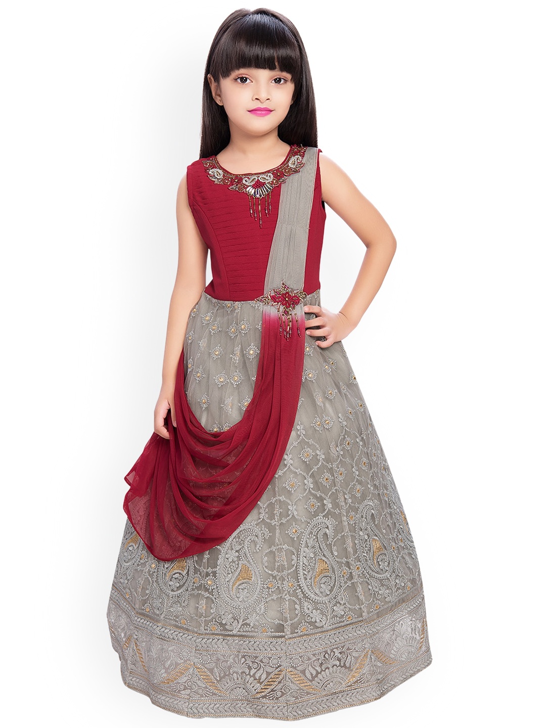 

BETTY Grey & Red Floral Embroidered Silk Maxi Dress With Attached Dupatta