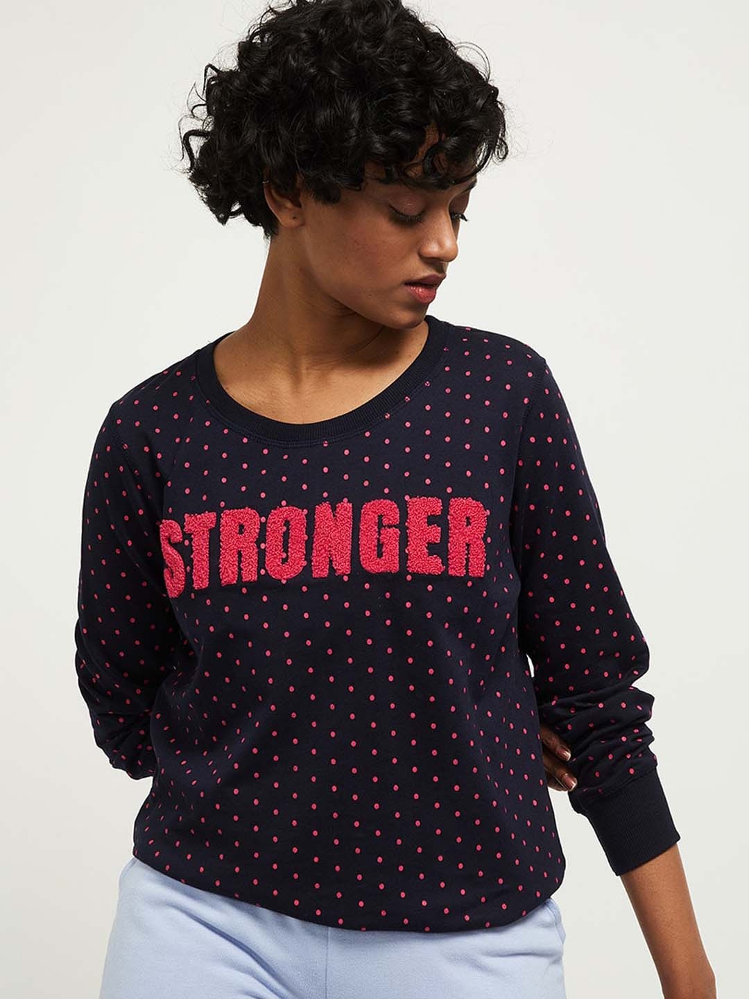 

max Women Navy Blue Printed Round Neck Sweatshirt