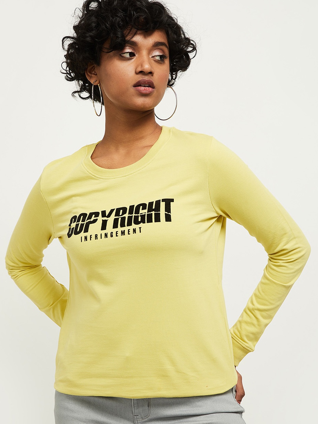 

max Women Mustard Printed Round Neck Sweatshirt