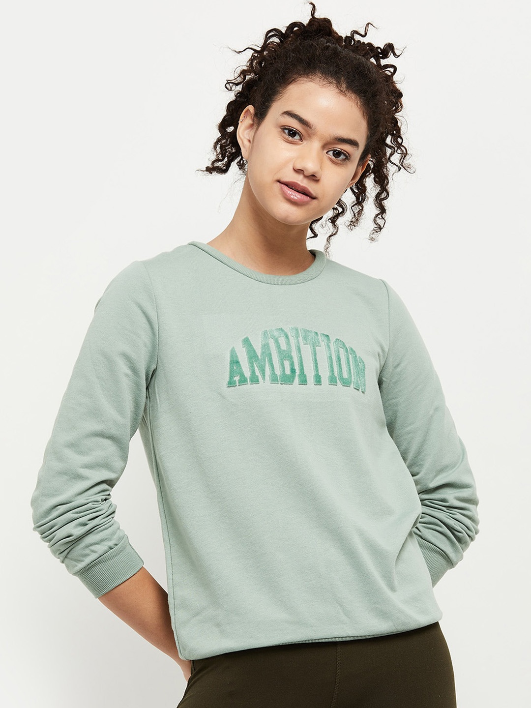 

max Women Green Printed Round Neck Sweatshirt
