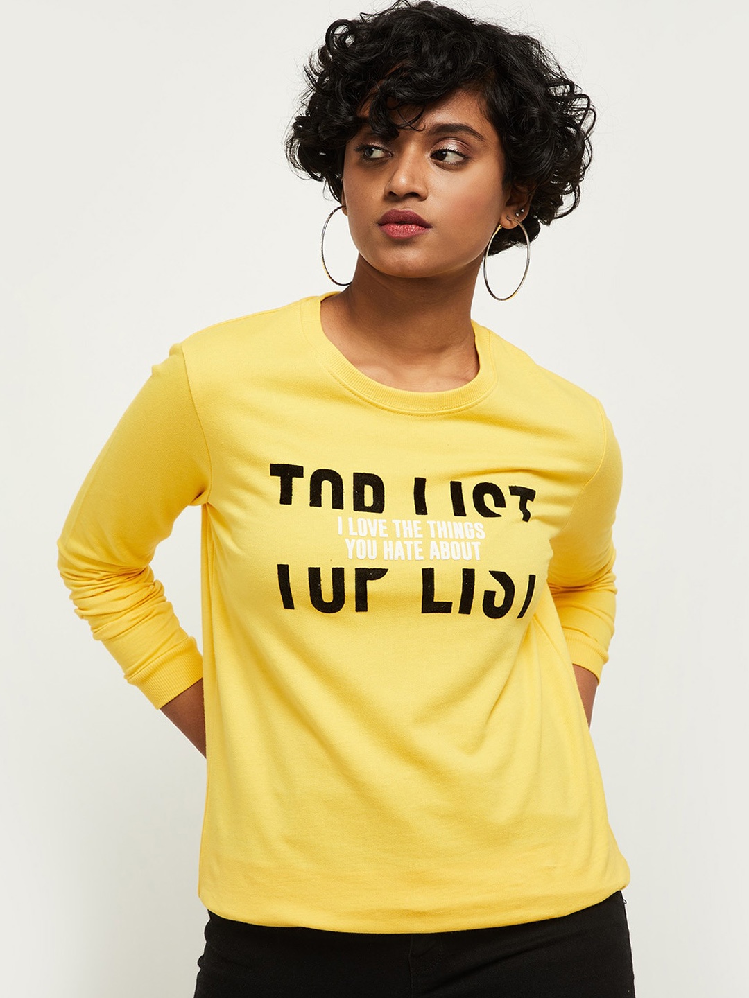 

max Women Yellow Printed Round Neck Sweatshirt