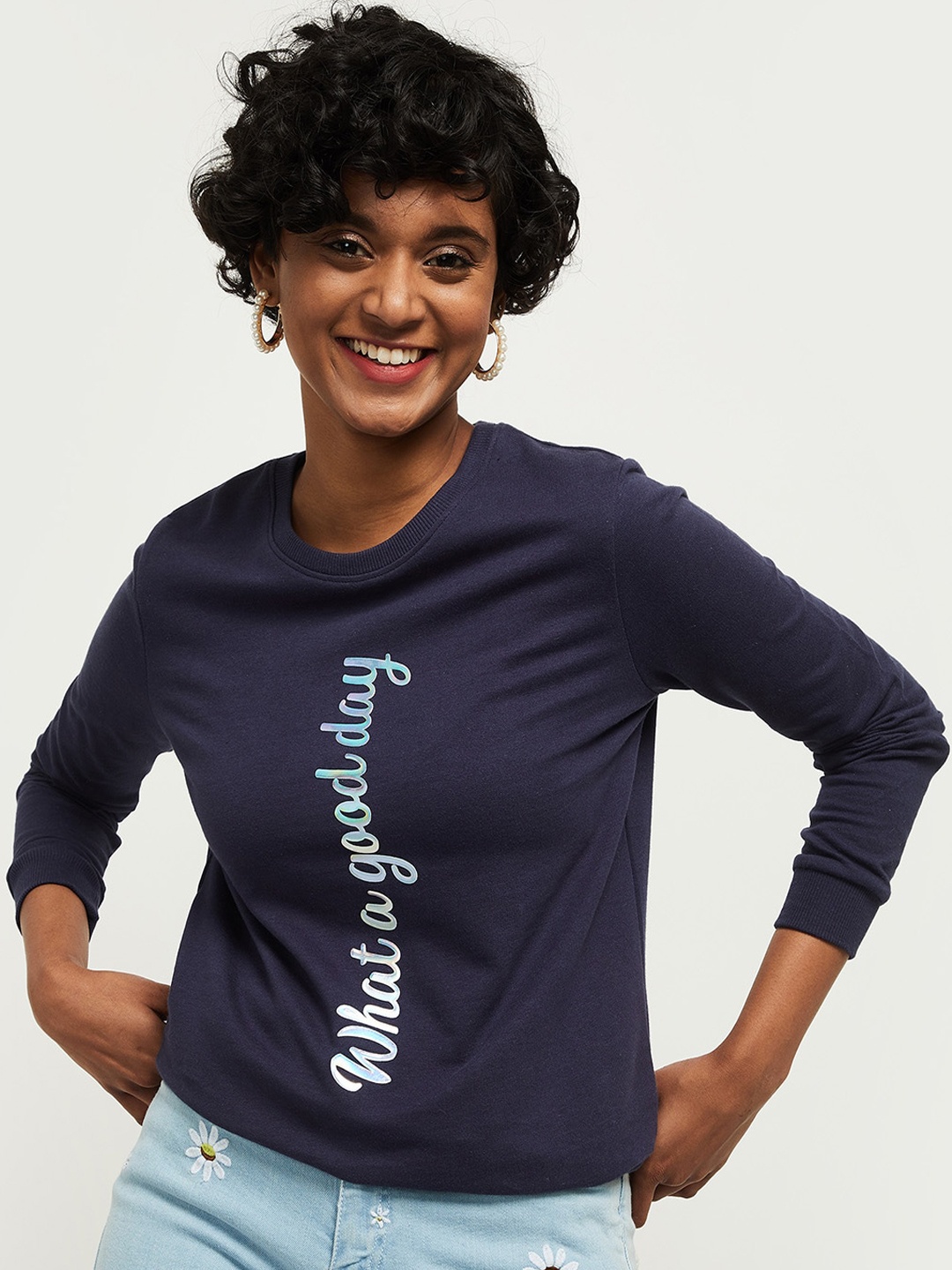 

max Women Navy Blue Printed Round Neck Sweatshirt