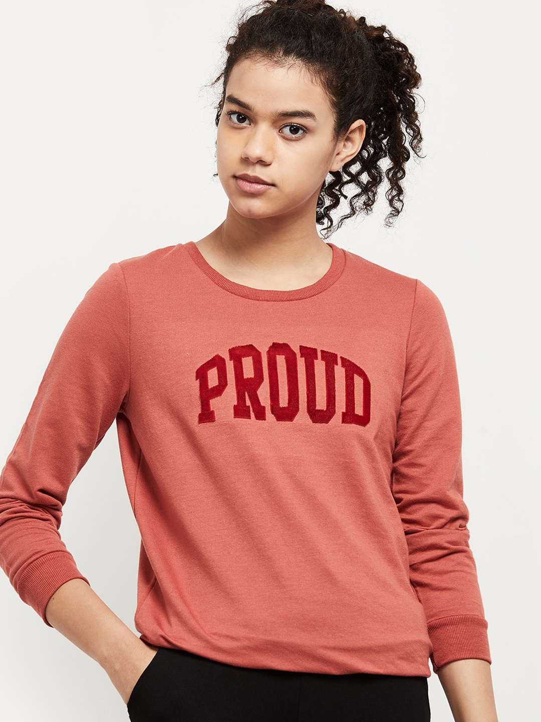 

max Women Pink Printed Round Neck Sweatshirt