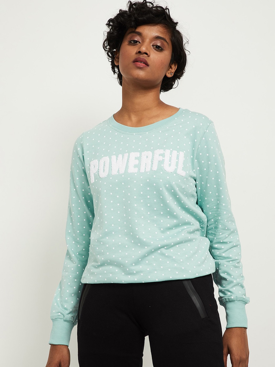 

max Women Green Printed Round Neck Sweatshirt
