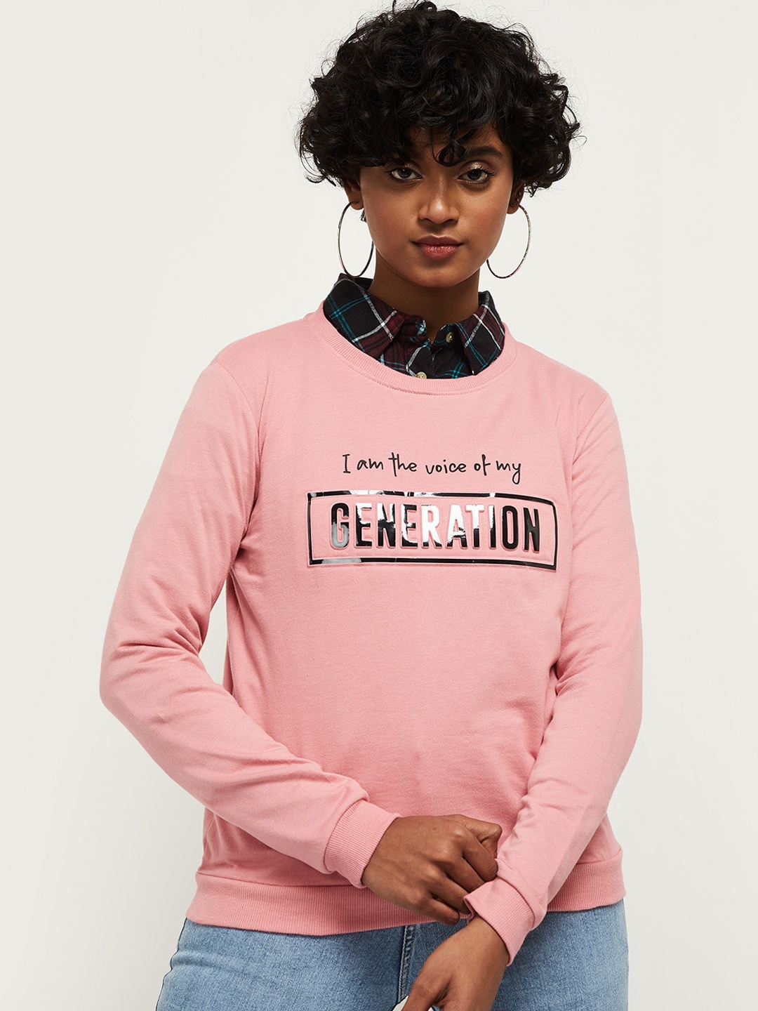 

max Women Pink Printed Round Neck Sweatshirt