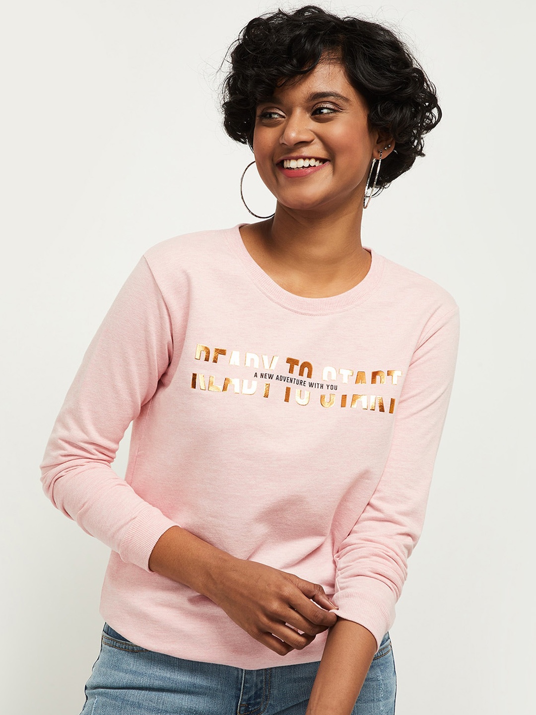 

max Women Pink Printed Round neck Sweatshirt