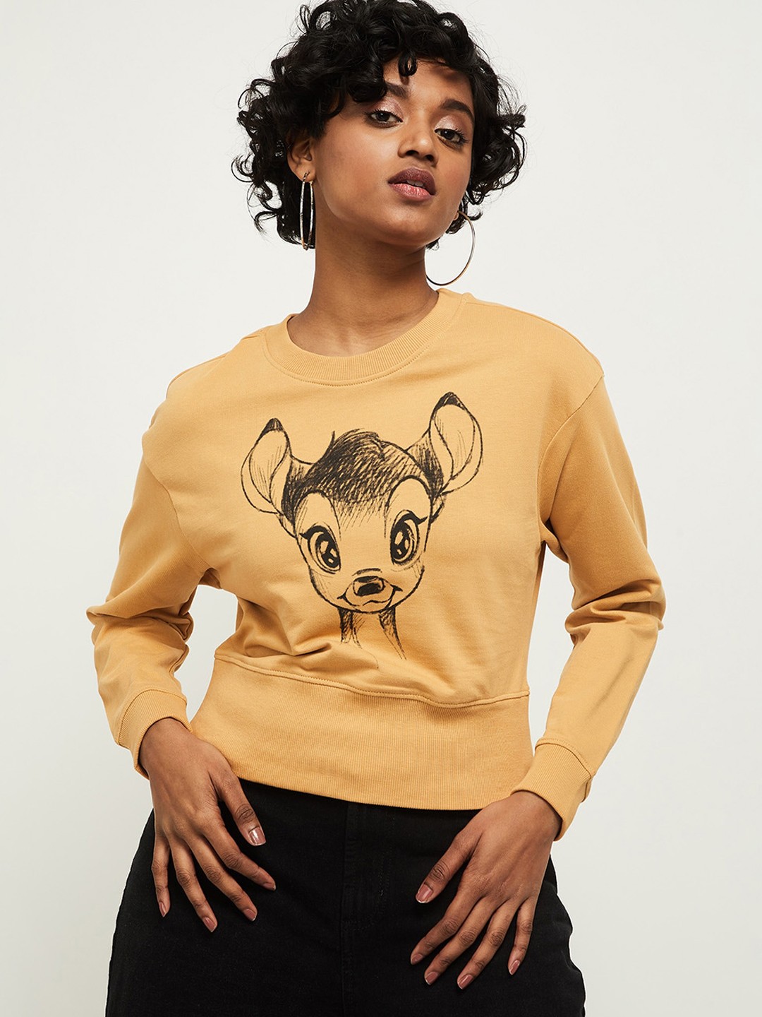 

max Women Mustard Printed Round Neck Sweatshirt