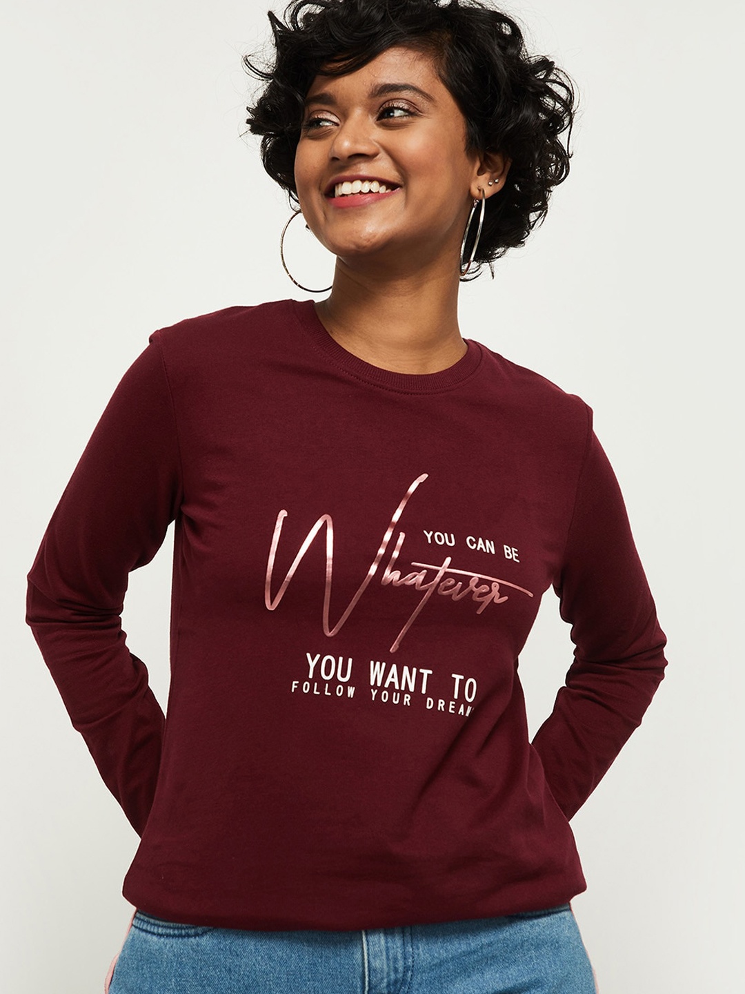 

max Women Maroon Printed Round Neck Sweatshirt