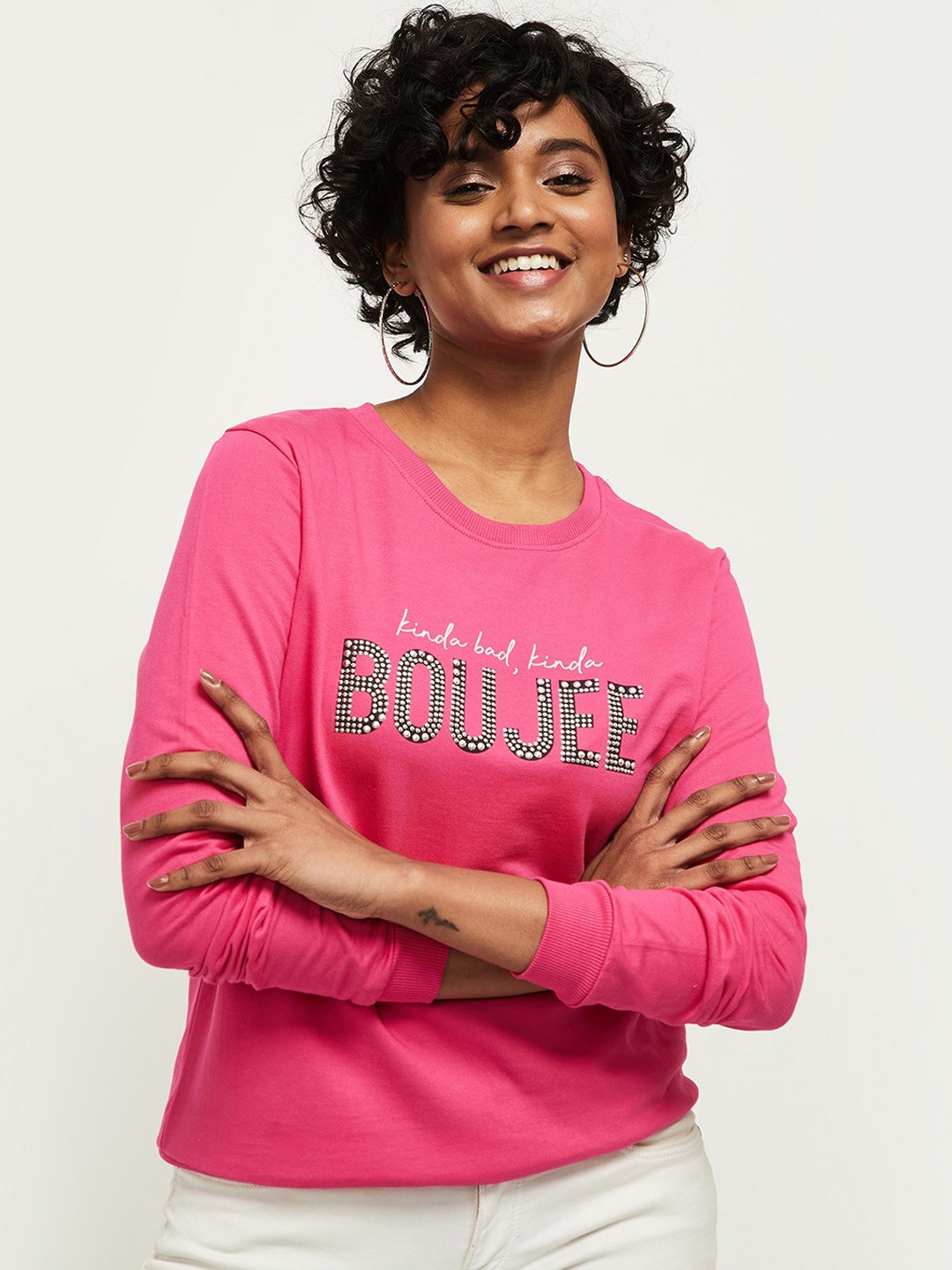 

max Women Pink Printed Round Neck Sweatshirt