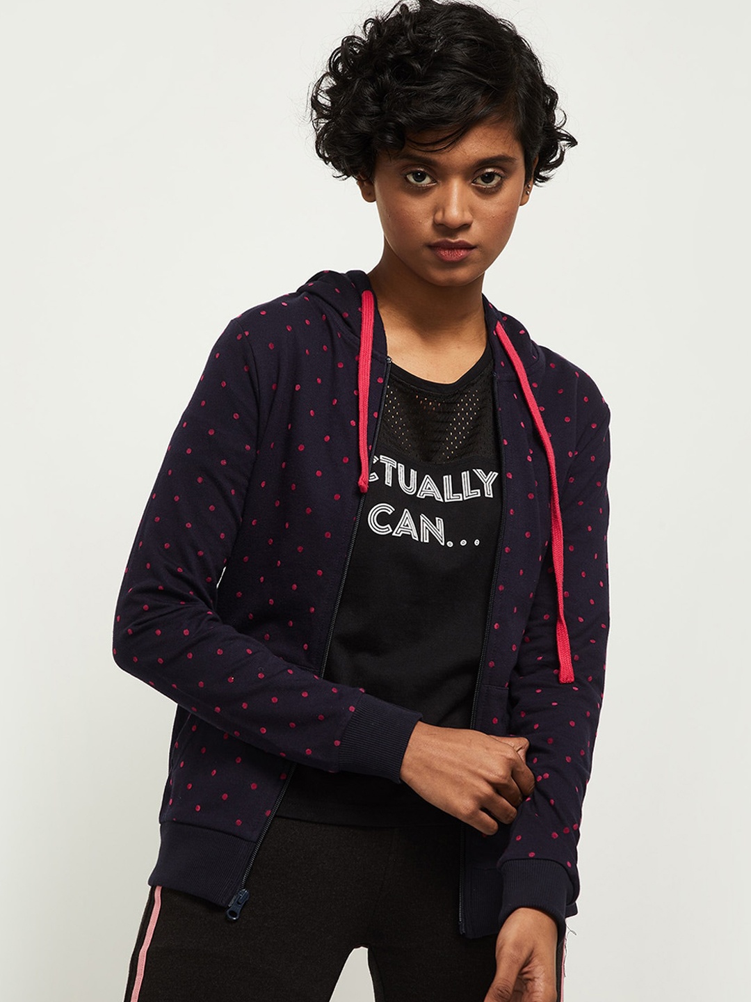 

max Women Navy Blue Printed Hooded Sweatshirt